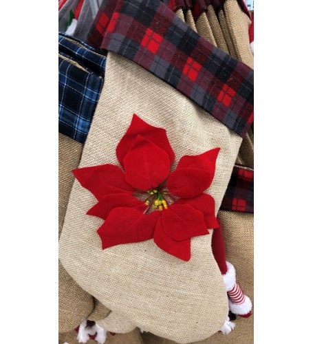 RED POINTSETTIA ON HESSIAN STOCKING WITH RED TARTAN TRIM  