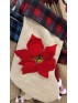 RED POINTSETTIA ON HESSIAN STOCKING WITH RED TARTAN TRIM  